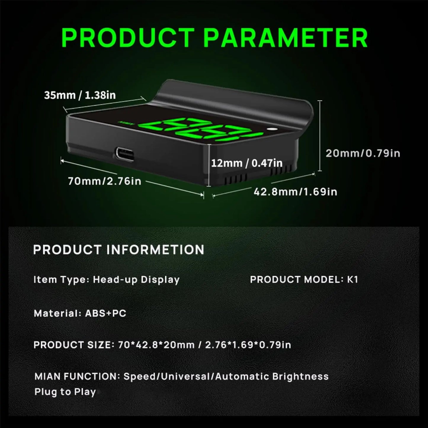 K1 GPS HUD Speedometer for Cars – Large MPH Display, Auto Brightness, USB Plug & Play, Green/White
