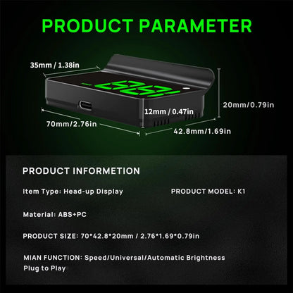 K1 GPS HUD Speedometer for Cars – Large MPH Display, Auto Brightness, USB Plug & Play, Green/White
