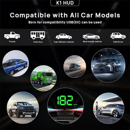 K1 GPS HUD Speedometer for Cars – Large MPH Display, Auto Brightness, USB Plug & Play, Green/White