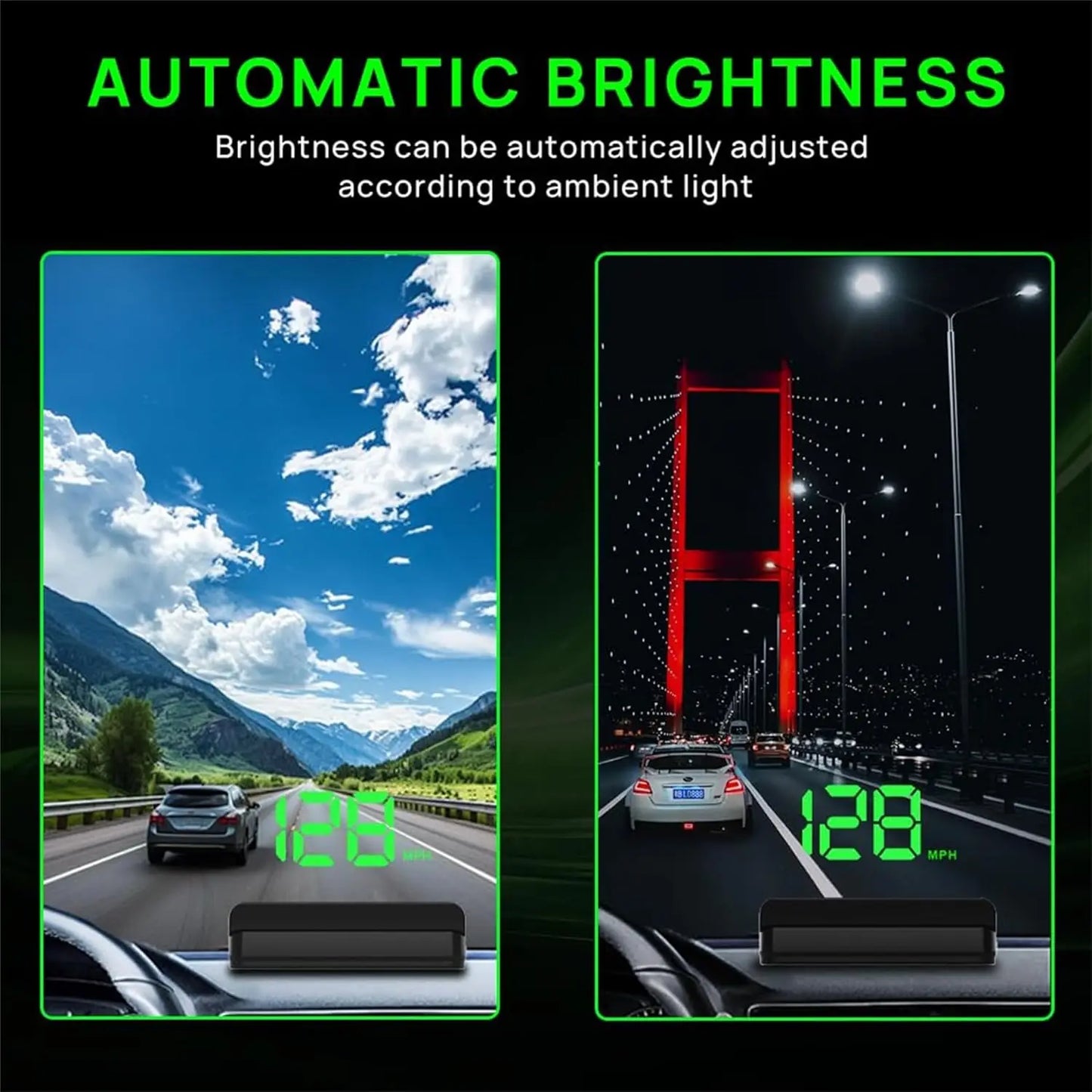 K1 GPS HUD Speedometer for Cars – Large MPH Display, Auto Brightness, USB Plug & Play, Green/White